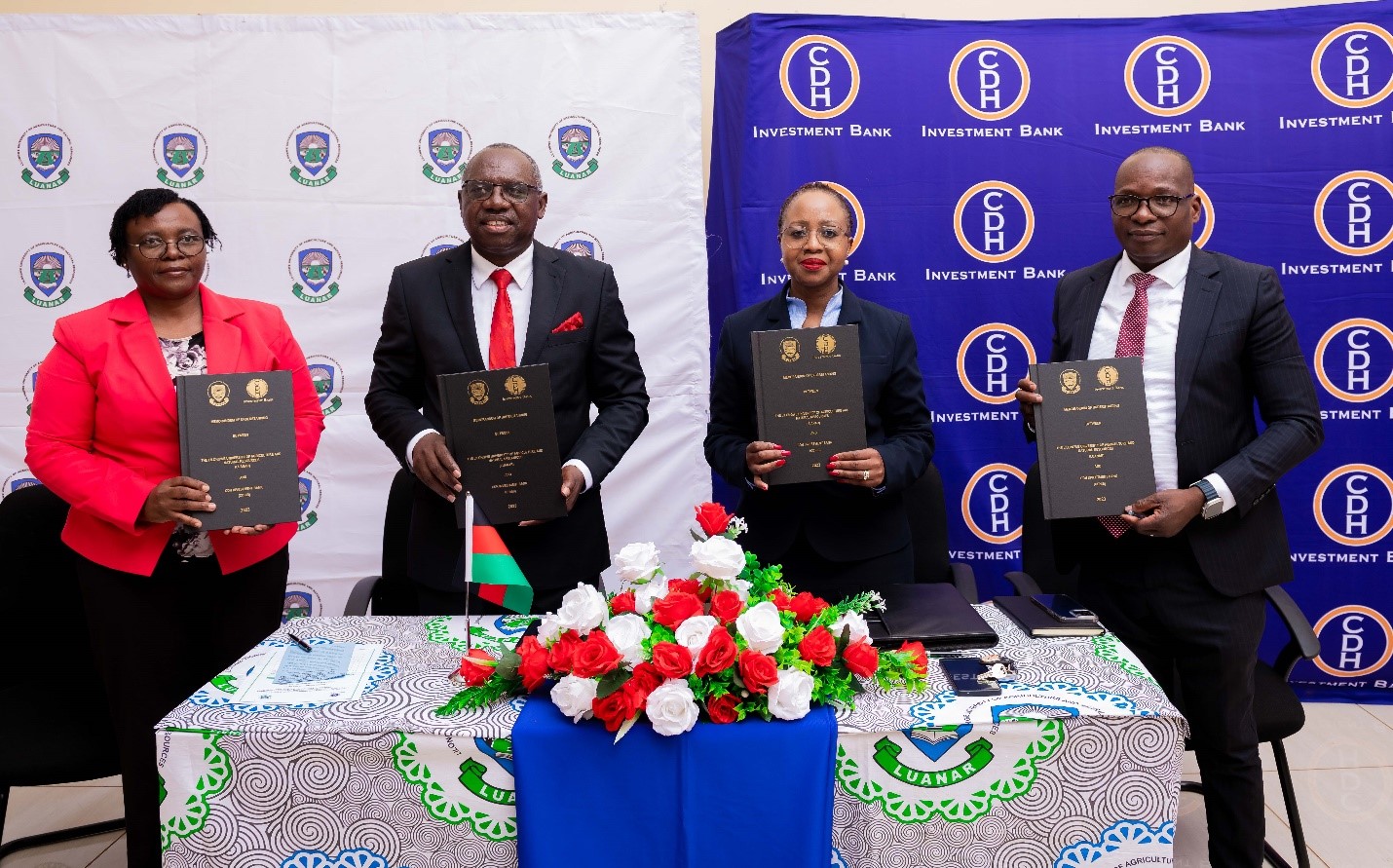 In the Picture: L-R Dr Judith Kamoto, Acting College Director LUANAR, Professor Emmanuel Kaunda, Vice Chancellor LUANAR, Beatrix Mosiwa Ndovi, Executive Director CDHIB and Benison Jambo, Chief Business Development Officer CDHIB. 