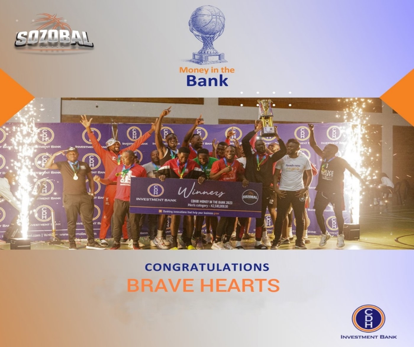 Brave Hearts men celebrate receiving the champion’s trophy for the CDHIB ‘Money in the Bank’ basketball tournament from CDH Investment Bank’s Acting Chief Business Development Officer, Mr Jamal Kamoto